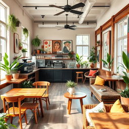 A modern, cozy cafe interior design featuring rustic wooden furniture, eclectic decor, and vibrant plants