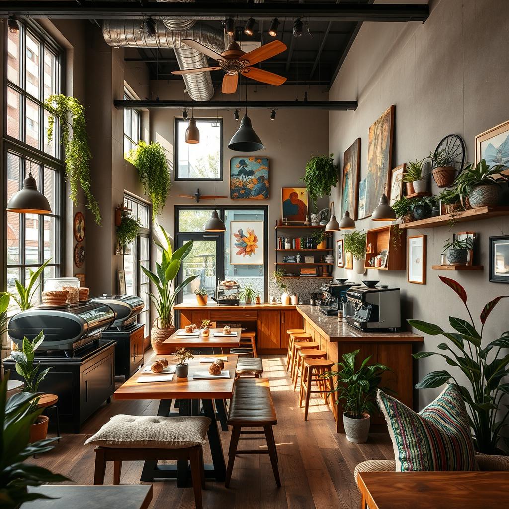 A modern, cozy cafe interior design featuring rustic wooden furniture, eclectic decor, and vibrant plants