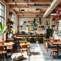 A modern, cozy cafe interior design featuring rustic wooden furniture, eclectic decor, and vibrant plants
