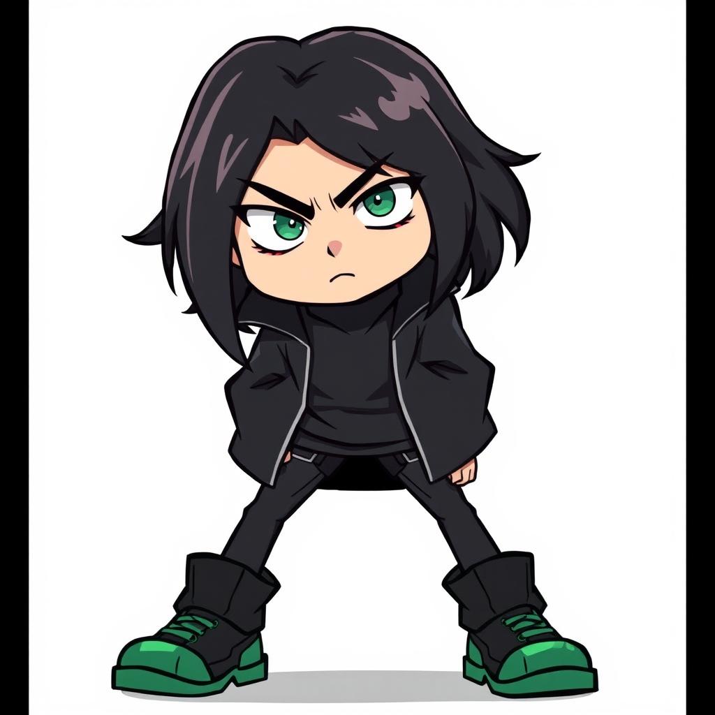 A serious smart teenager with long hair, dressed in a sleek black outfit and green shoes