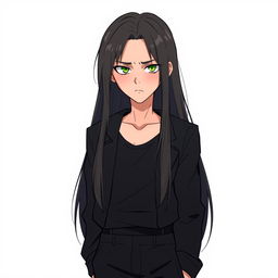 A serious smart teenager with long hair, dressed in a sleek black outfit and green shoes