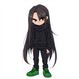 A serious smart teenager with long hair, dressed in a sleek black outfit and green shoes
