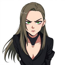 A serious smart teenager with long hair, dressed in a sleek black outfit and green shoes