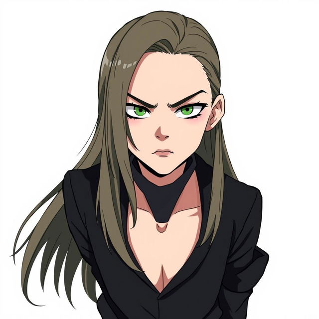 A serious smart teenager with long hair, dressed in a sleek black outfit and green shoes