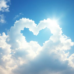 A heart shape formed by fluffy clouds in a bright blue sky, sunlight illuminating the heart shape with a soft ethereal glow, surrounded by gentle wisps of white clouds, conveying a sense of romance and peace