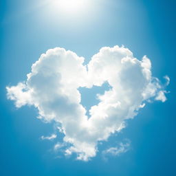 A heart shape formed by fluffy clouds in a bright blue sky, sunlight illuminating the heart shape with a soft ethereal glow, surrounded by gentle wisps of white clouds, conveying a sense of romance and peace