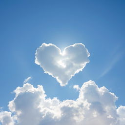 A heart shape formed by fluffy clouds in a bright blue sky, sunlight illuminating the heart shape with a soft ethereal glow, surrounded by gentle wisps of white clouds, conveying a sense of romance and peace