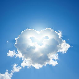 A heart shape formed by fluffy clouds in a bright blue sky, sunlight illuminating the heart shape with a soft ethereal glow, surrounded by gentle wisps of white clouds, conveying a sense of romance and peace