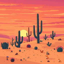 A vibrant pixel art scene depicting a serene desert landscape at sunset