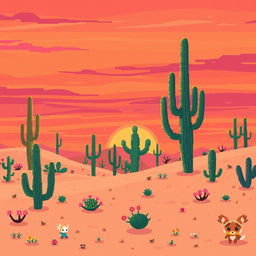 A vibrant pixel art scene depicting a serene desert landscape at sunset