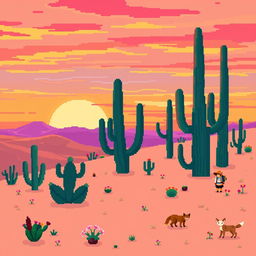 A vibrant pixel art scene depicting a serene desert landscape at sunset
