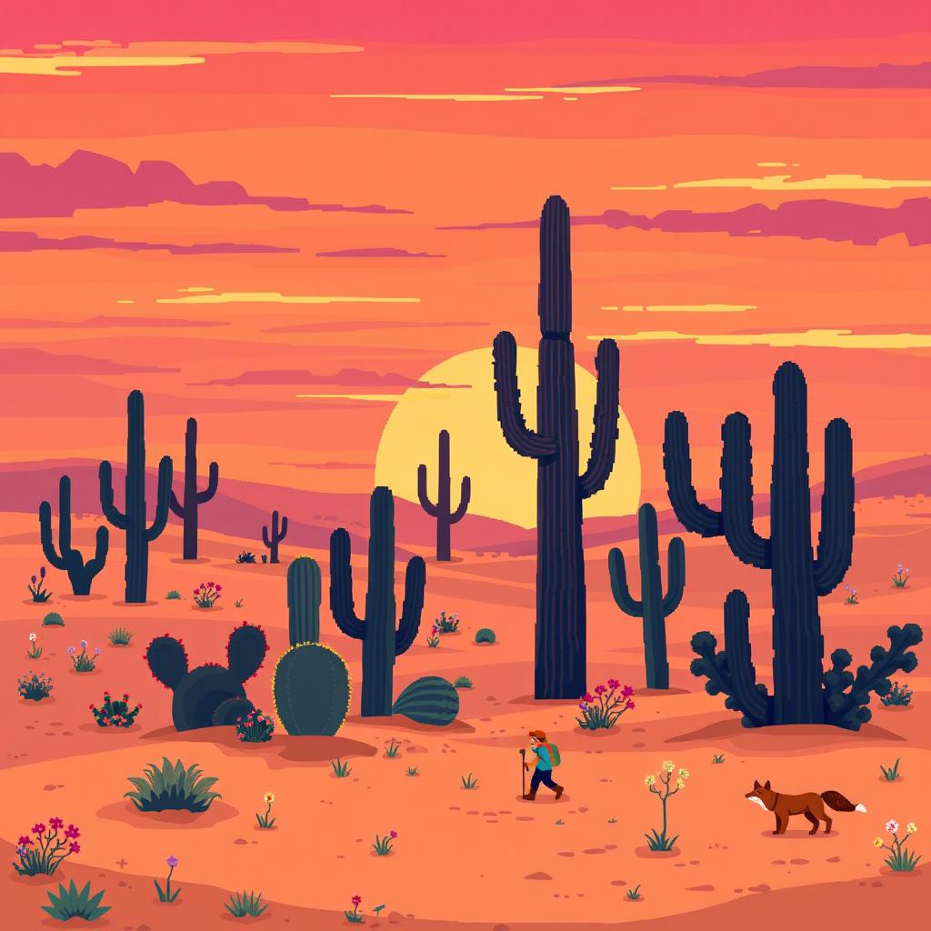 A vibrant pixel art scene depicting a serene desert landscape at sunset