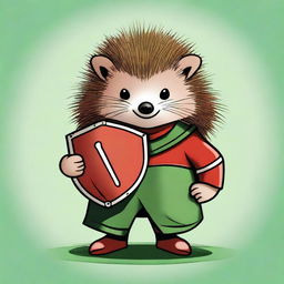 A high-quality digital art image of a brown, blind hedgehog, dressed in green and red clothes, holding a round shield