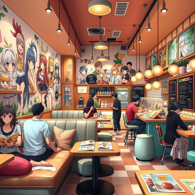 A vibrant and inviting anime-themed cafe interior design, featuring cozy seating areas with plush cushions, whimsical decor inspired by popular anime, wall murals showcasing characters from beloved shows, and a welcoming counter area with colorful pastries and drinks