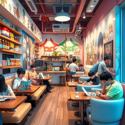 A vibrant and inviting anime-themed cafe interior design, featuring cozy seating areas with plush cushions, whimsical decor inspired by popular anime, wall murals showcasing characters from beloved shows, and a welcoming counter area with colorful pastries and drinks
