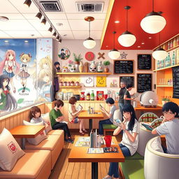 A vibrant and inviting anime-themed cafe interior design, featuring cozy seating areas with plush cushions, whimsical decor inspired by popular anime, wall murals showcasing characters from beloved shows, and a welcoming counter area with colorful pastries and drinks