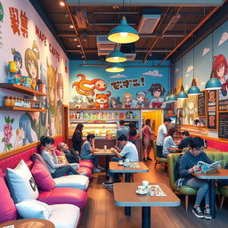 A vibrant and inviting anime-themed cafe interior design, featuring cozy seating areas with plush cushions, whimsical decor inspired by popular anime, wall murals showcasing characters from beloved shows, and a welcoming counter area with colorful pastries and drinks