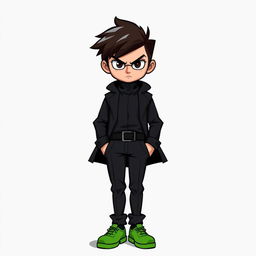 A serious smart teenager dressed in a sleek black outfit and green shoes