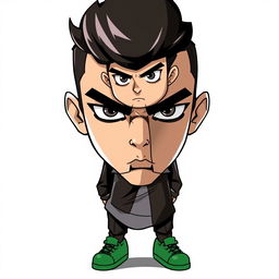 A serious smart teenager dressed in a sleek black outfit and green shoes