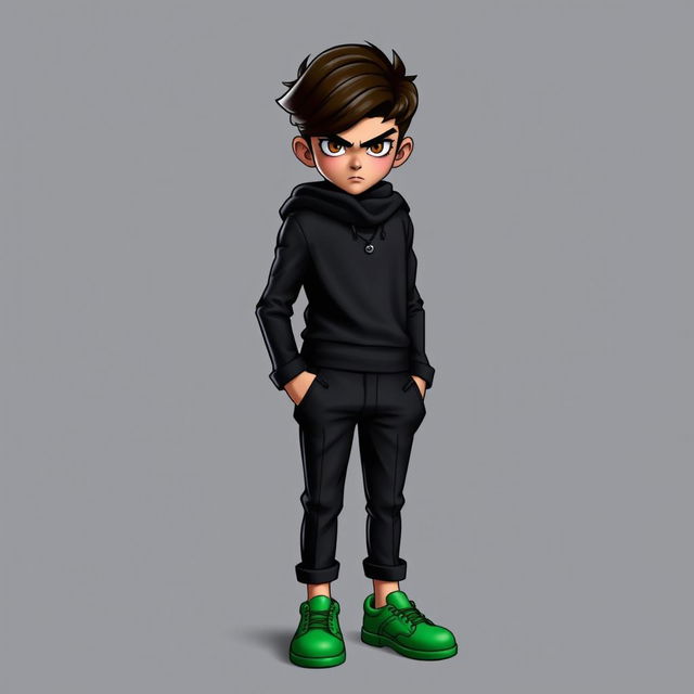 A serious smart teenager dressed in a sleek black outfit and green shoes