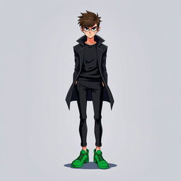 A serious smart teenager dressed in a sleek black outfit and green shoes