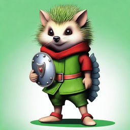 A high-quality digital art image of a brown, blind hedgehog, dressed in green and red clothes, holding a round shield