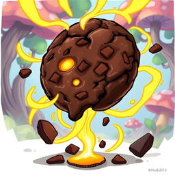 A hand-drawn cartoon style illustration of a dark chocolate cookie with a glossy texture, creatively designed to visually represent it draining a vibrant yellow energy
