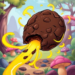 A hand-drawn cartoon style illustration of a dark chocolate cookie with a glossy texture, creatively designed to visually represent it draining a vibrant yellow energy