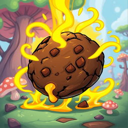 A hand-drawn cartoon style illustration of a dark chocolate cookie with a glossy texture, creatively designed to visually represent it draining a vibrant yellow energy