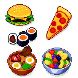 Colorful and vibrant pixel art depicting a variety of delicious foods, including a pixelated burger with lettuce and tomato, a slice of pepperoni pizza, sushi rolls, a bowl of ramen with eggs and vegetables, and a vibrant fruit salad featuring strawberries, bananas, and grapes