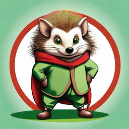 A high-quality digital art image of a brown, blind hedgehog, dressed in green and red clothes, holding a round shield