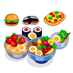 Colorful and vibrant pixel art depicting a variety of delicious foods, including a pixelated burger with lettuce and tomato, a slice of pepperoni pizza, sushi rolls, a bowl of ramen with eggs and vegetables, and a vibrant fruit salad featuring strawberries, bananas, and grapes