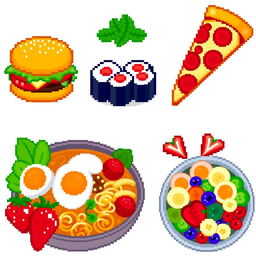 Colorful and vibrant pixel art depicting a variety of delicious foods, including a pixelated burger with lettuce and tomato, a slice of pepperoni pizza, sushi rolls, a bowl of ramen with eggs and vegetables, and a vibrant fruit salad featuring strawberries, bananas, and grapes
