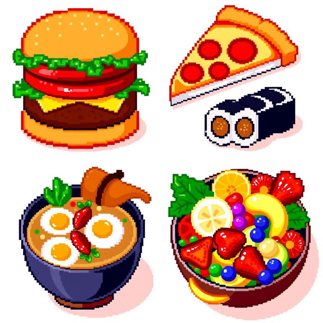 Colorful and vibrant pixel art depicting a variety of delicious foods, including a pixelated burger with lettuce and tomato, a slice of pepperoni pizza, sushi rolls, a bowl of ramen with eggs and vegetables, and a vibrant fruit salad featuring strawberries, bananas, and grapes