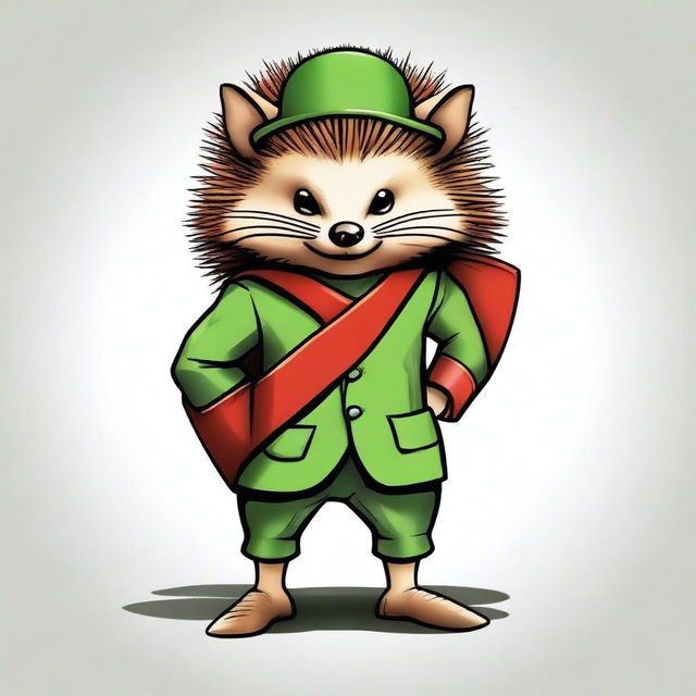 A high-quality digital art image of a brown, blind hedgehog, dressed in green and red clothes, holding a round shield