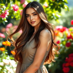 A beautiful woman with flowing long hair, wearing a sophisticated dress in a picturesque garden filled with vibrant flowers