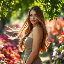 A beautiful woman with flowing long hair, wearing a sophisticated dress in a picturesque garden filled with vibrant flowers