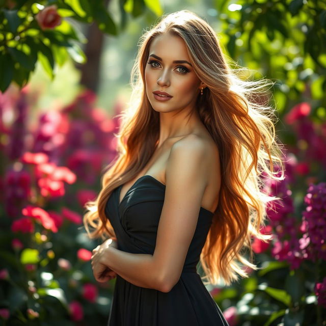 A beautiful woman with flowing long hair, wearing a sophisticated dress in a picturesque garden filled with vibrant flowers