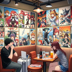 A vibrant and inviting anime-themed cafe scene, showcasing captivating posters and designs featuring popular anime characters in dynamic poses and colorful art styles