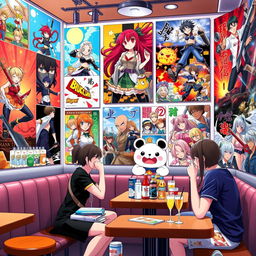 A vibrant and inviting anime-themed cafe scene, showcasing captivating posters and designs featuring popular anime characters in dynamic poses and colorful art styles