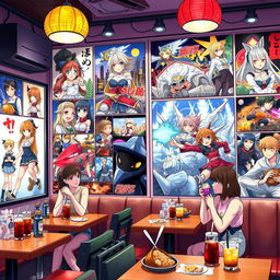 A vibrant and inviting anime-themed cafe scene, showcasing captivating posters and designs featuring popular anime characters in dynamic poses and colorful art styles