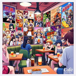 A vibrant and inviting anime-themed cafe scene, showcasing captivating posters and designs featuring popular anime characters in dynamic poses and colorful art styles