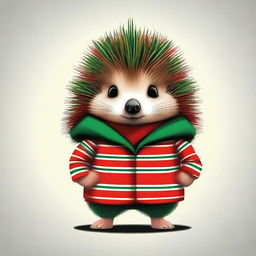 A high-quality digital art image of a blind brown hedgehog, dressed in red and green clothes