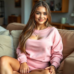 A 25-year-old woman with long light brown hair and a round face, adorned with freckles and wearing a cropped, low-cut pink sweatshirt that accentuates her figure
