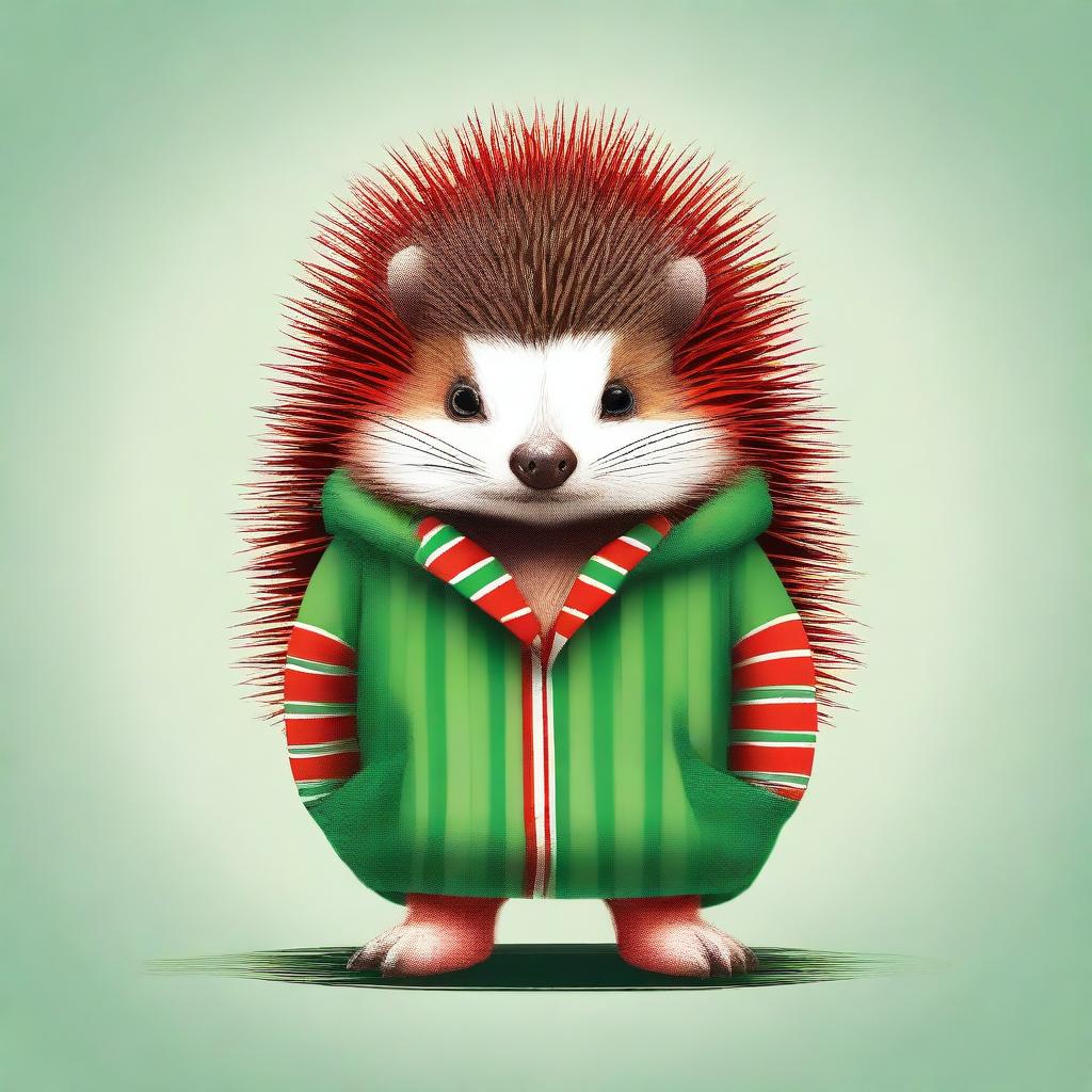 A high-quality digital art image of a blind brown hedgehog, dressed in red and green clothes