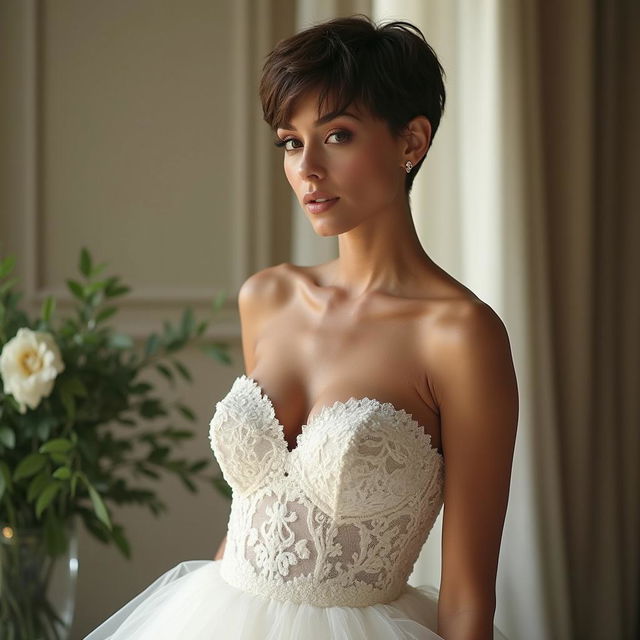 An alluring busty woman with short pixie hair, gracefully posing in an exquisite strapless white lace wedding dress