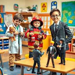 A group of ambitious young boys, around 10-12 years old, engaged in various career-oriented activities