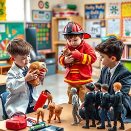 A group of ambitious young boys, around 10-12 years old, engaged in various career-oriented activities