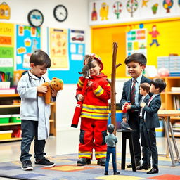 A group of ambitious young boys, around 10-12 years old, engaged in various career-oriented activities