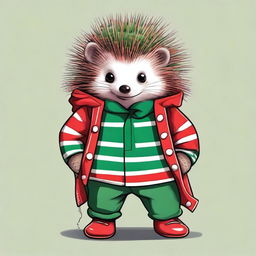 A high-quality digital art image of a blind brown hedgehog, dressed in red and green clothes